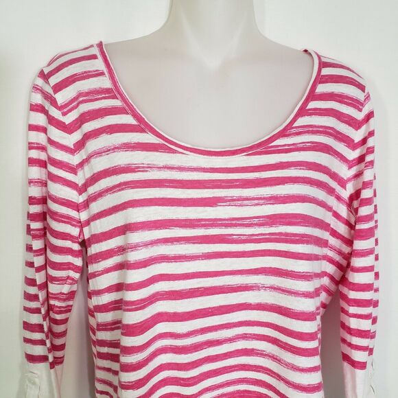 Talbots Womens Top Size Medium Pink White Striped Linen Blend 3/4 Tab Sleeves - Picture 3 of 8